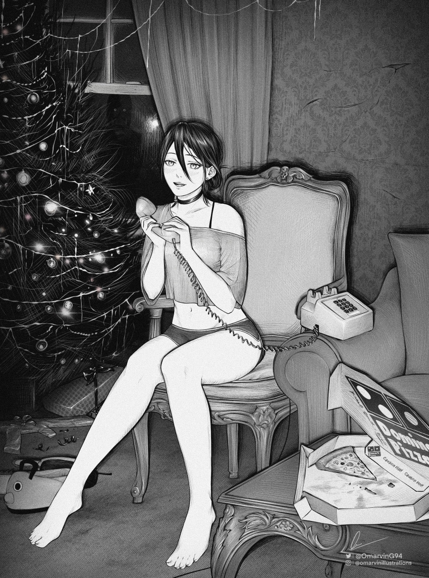 1girl absurdres barefoot bra_strap chainsaw_man choker christmas_tree commentary curtains dolphin_shorts domino's_pizza food full_body greyscale groin hair_between_eyes highres holding holding_phone instagram_username marvin_(omarvin) midriff monochrome navel objectification off-shoulder_shirt off_shoulder parted_lips phone pizza pizza_box pizza_slice pochita_(chainsaw_man) reze_(chainsaw_man) shirt short_shorts shorts signature slippers smile solo twitter_username window