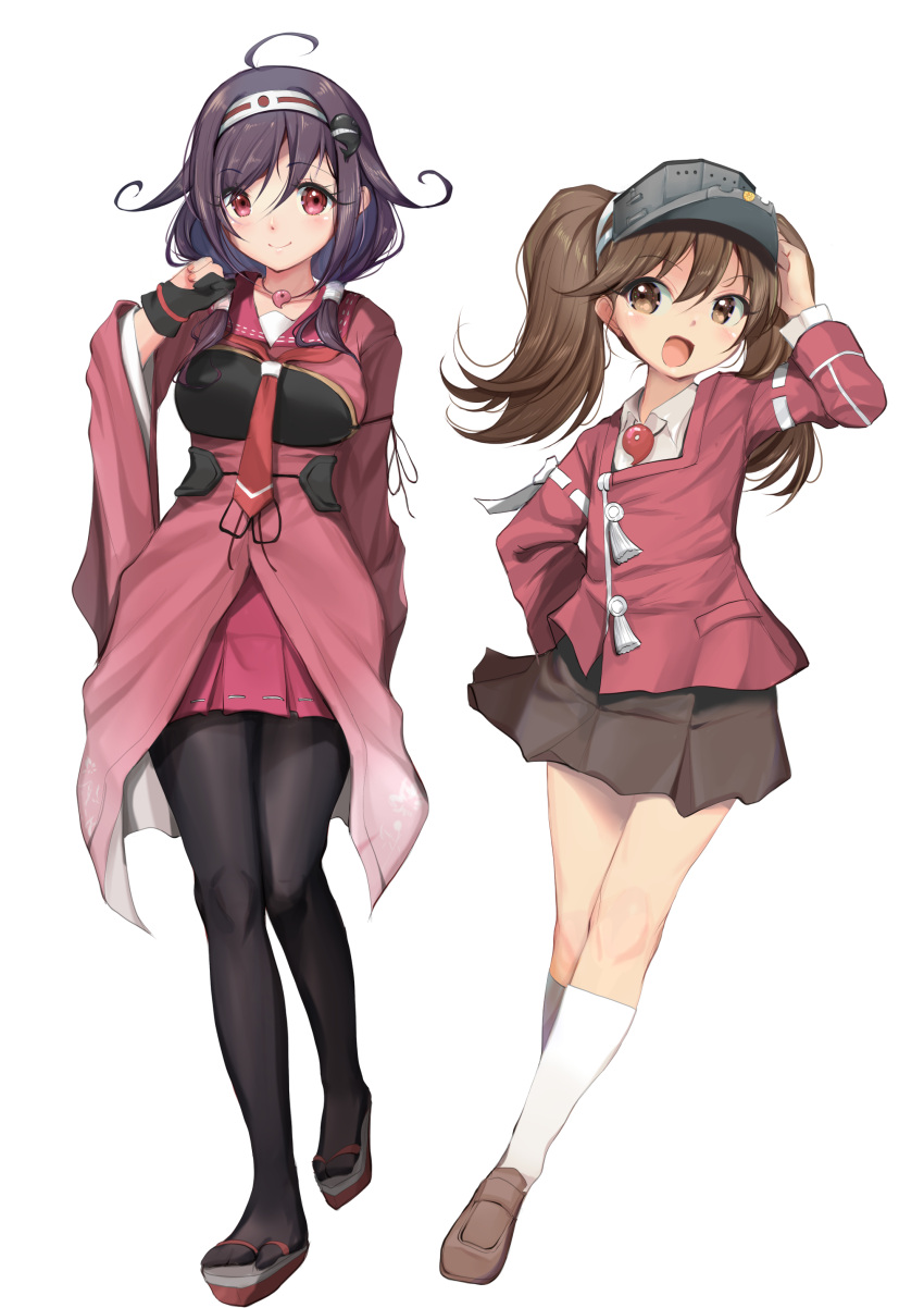 2girls absurdres ahoge black_gloves black_pantyhose brown_eyes brown_footwear brown_hair brown_skirt collared_shirt commentary_request dress_shirt full_body gloves hair_flaps hair_ornament hairband highres japanese_clothes kantai_collection kariginu loafers long_hair looking_at_viewer low_twintails magatama multiple_girls muneate pantyhose partially_fingerless_gloves pleated_skirt purple_hair red_eyes red_sailor_collar red_shirt ryuuhou_(kancolle) ryuuhou_kai_ni_(kancolle) ryuujou_(kancolle) sailor_collar shikigami shirt shoes single_glove skirt socks standing taigei_(kancolle) twintails visor_cap whale_hair_ornament white_hairband white_shirt white_socks yashin_(yasinz) yugake