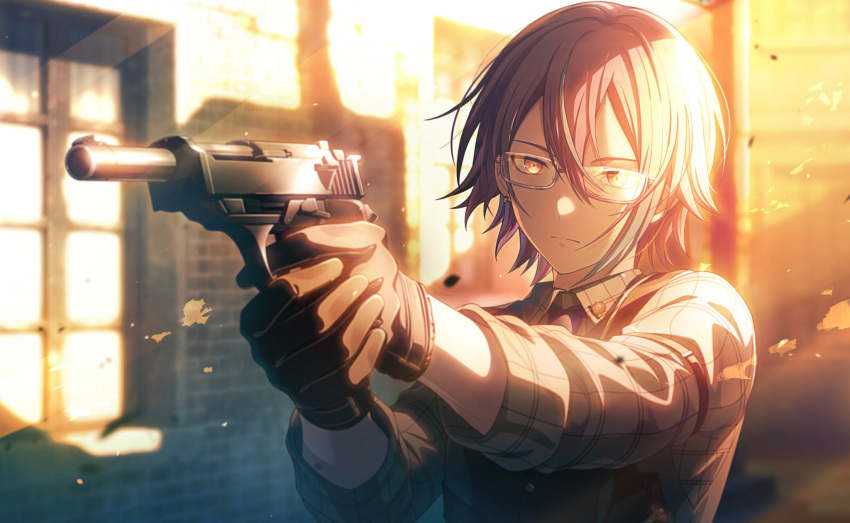 1boy bespectacled brick_wall brown_gloves building closed_mouth collared_shirt colorful_palette double-parted_bangs finger_on_trigger glasses gloves grey_shirt gun hair_between_eyes handgun highres holding holding_gun holding_weapon holster kamishiro_rui long_bangs long_sleeves looking_ahead male_focus multicolored_hair necktie official_art outdoors plaid plaid_shirt project_sekai purple_necktie rectangular_eyewear semi-rimless_eyewear serious shirt short_hair shoulder_holster solo streaked_hair sunlight two-handed under-rim_eyewear upper_body walther walther_p38 weapon window