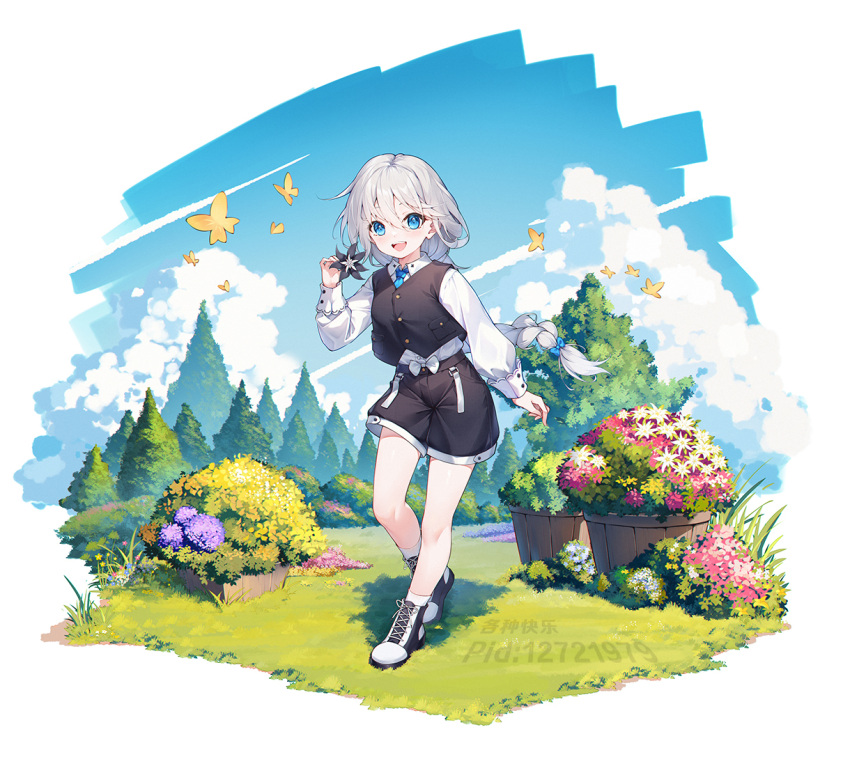 1girl aged_down apc556_(girls'_frontline) black_shorts black_vest blue_bow blue_eyes blue_necktie bow bug butterfly clouds collared_shirt commission flower ge_zhong_kuaile girls_frontline hair_between_eyes hair_bow holding holding_flower long_hair long_sleeves looking_at_viewer multicolored_footwear necktie open_mouth outdoors pixiv_commission pixiv_id pixiv_username plant potted_plant shirt shoes shorts smile socks solo standing tree vest white_bow white_hair white_shirt yellow_butterfly