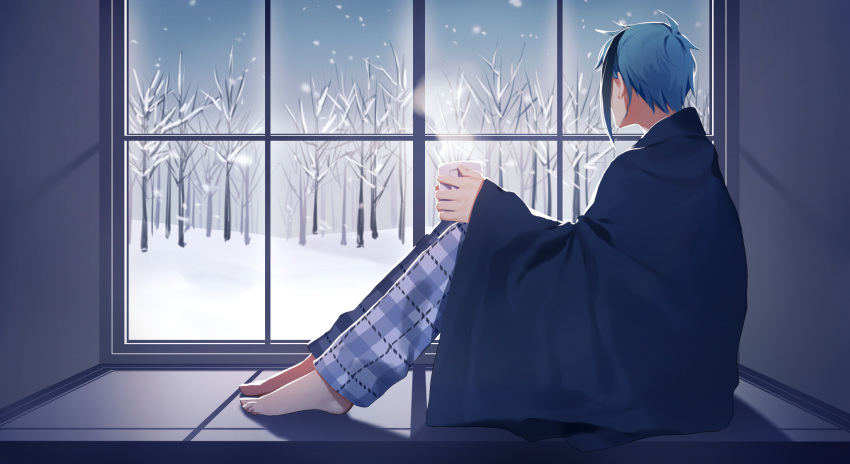 13_(bbr584607091) 1boy alternate_costume aqua_hair bare_tree barefoot bathrobe black_hair blue_pants blue_robe commentary cup facing_away grey_sky highres holding holding_cup indoors jade_leech male_focus mug multicolored_hair pants plaid plaid_pants robe sky snow solo steam streaked_hair symbol-only_commentary tree twisted_wonderland window