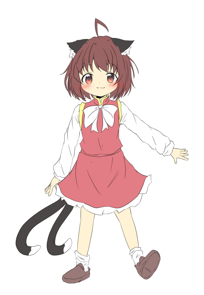 1girl ahoge animal_ear_fluff animal_ears arm_up blush bow bowtie brown_eyes brown_hair cat_ears cat_tail chen closed_mouth commentary_request full_body highres long_sleeves looking_at_viewer multiple_tails nekomata no_headwear petite petticoat red_skirt red_vest short_hair simple_background skirt skirt_set smile solo standing tail touhou two_tails vest white_background white_bow white_bowtie yaminabe_(honnouji_no_kaninabe)