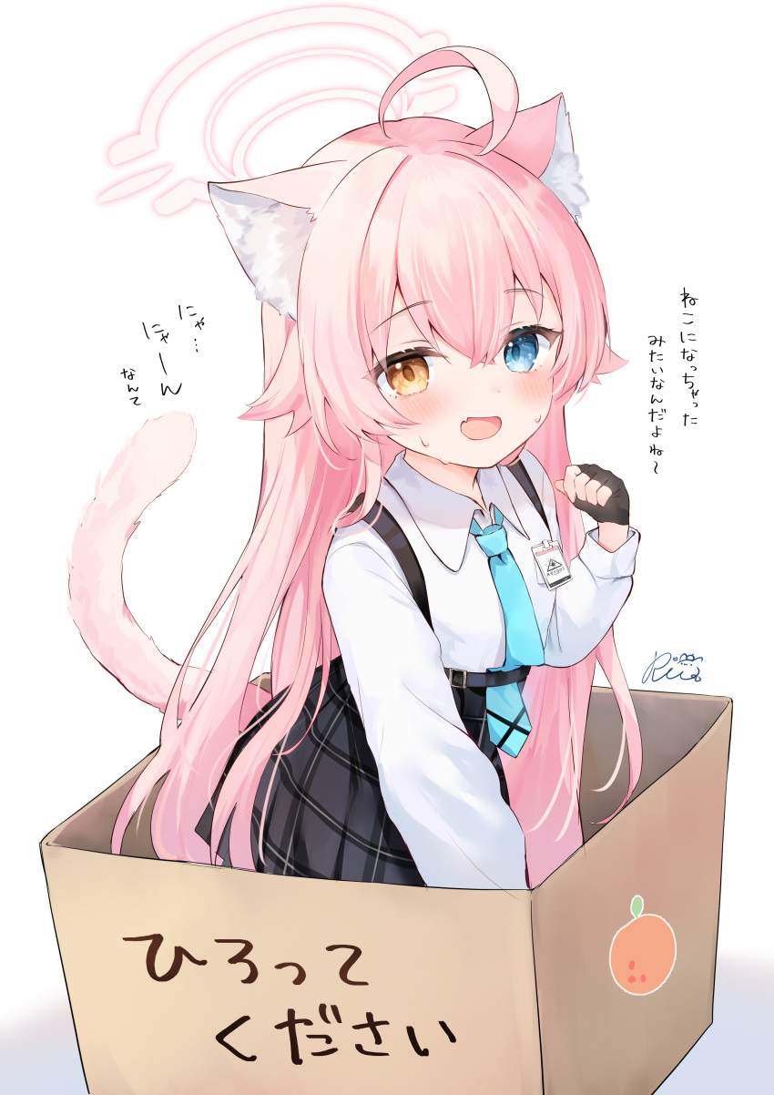 1girl :d absurdres ahoge animal_ear_fluff animal_ears black_gloves black_skirt blue_archive blue_eyes blue_necktie blush box cardboard_box cat_ears cat_girl cat_tail collared_shirt commentary_request fang gloves highres hoshino_(blue_archive) in_box in_container kemonomimi_mode long_hair long_sleeves looking_at_viewer necktie nervous_sweating open_mouth pink_hair plaid plaid_skirt rucaco shirt simple_background skirt smile solo sweat sweatdrop tail translation_request very_long_hair white_background white_shirt