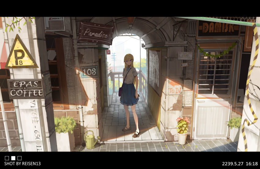 1girl absurdres artist_name black_footwear blonde_hair blue_ribbon blue_skirt brick_floor collared_shirt commentary dated door english_commentary highres letterboxed long_hair mary_janes neck_ribbon original plant potted_plant reisen13 ribbon scenery school_uniform shadow shirt shoes short_sleeves skirt solo standing utility_pole watering_can white_shirt