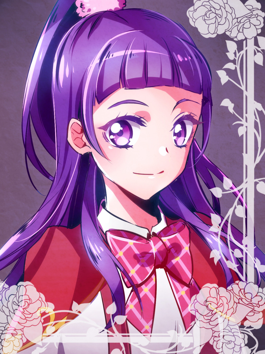 1girl blunt_bangs bow bowtie capelet closed_mouth grey_background hair_ornament high_ponytail highres izayoi_liko long_hair looking_at_viewer magic_school_uniform mahou_girls_precure! plaid plaid_bow plaid_bowtie portrait precure purple_hair red_bow red_bowtie red_capelet school_uniform shipu_(gassyumaron) shirt smile solo violet_eyes white_shirt