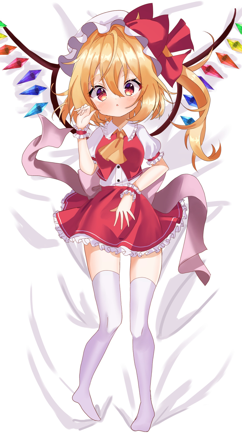 1girl absurdres ascot blonde_hair crystal dress flandre_scarlet hat highres iris_(airisu495) lying medium_hair on_bed open_mouth red_dress red_ribbon ribbon side_ponytail solo touhou yellow_ascot