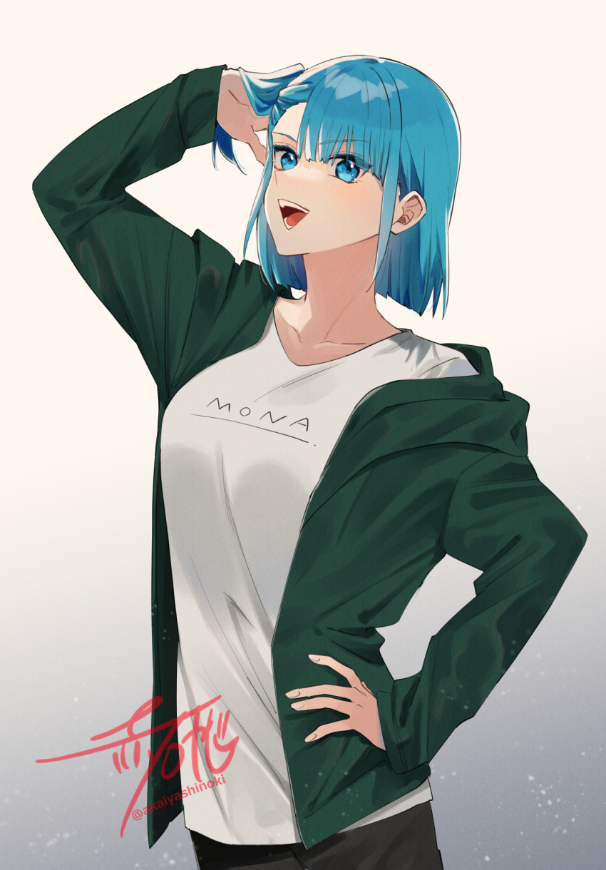 1girl :d akaishi_yashi arm_up black_pants blue_eyes blue_hair collarbone commentary_request green_jacket hand_on_own_hip highres jacket long_sleeves mona_lisa_no_zaregoto open_clothes open_jacket open_mouth pants shirt short_hair smile sora_(mona_lisa_no_zaregoto) standing t-shirt teeth tongue white_shirt