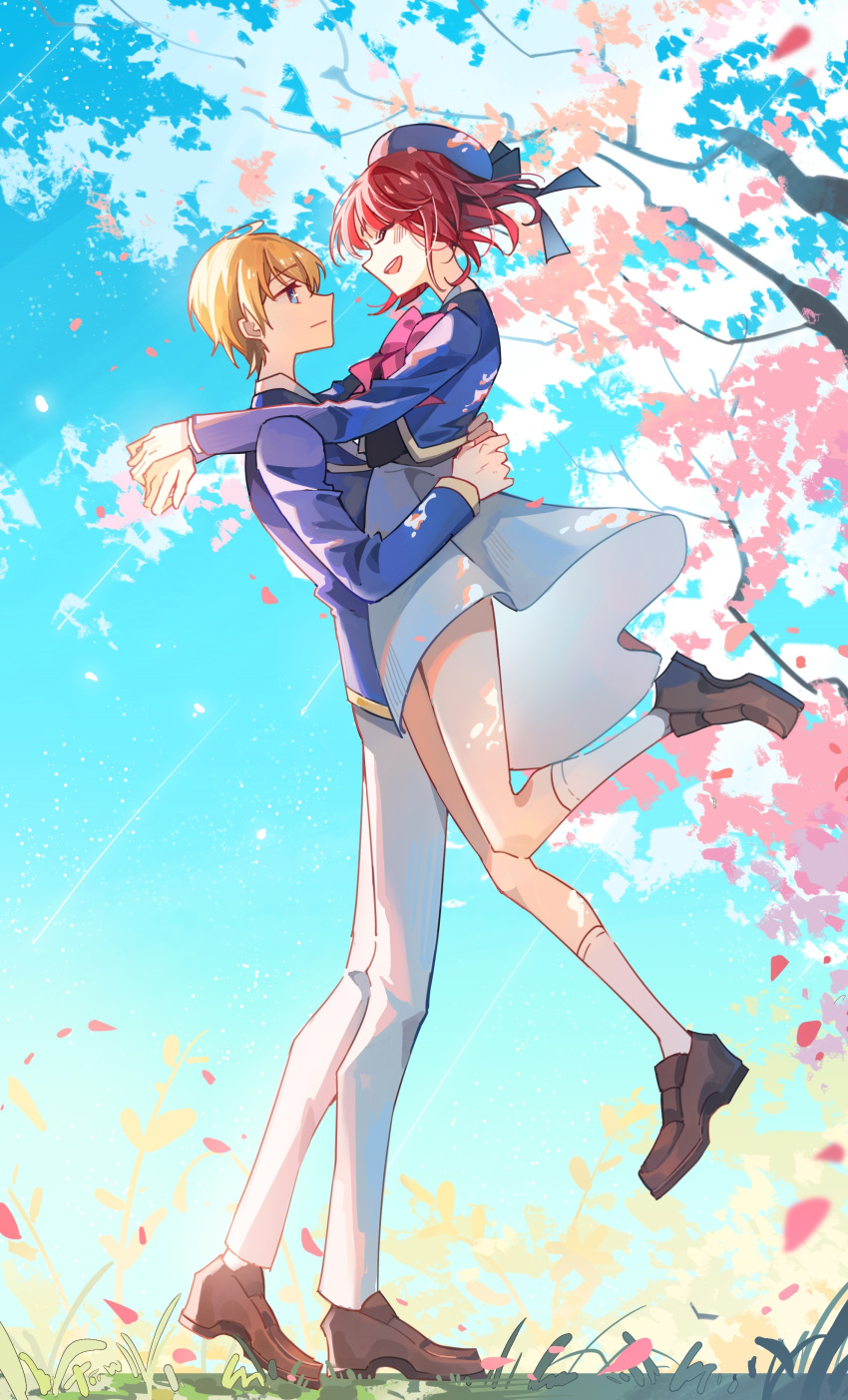 1boy 1girl absurdres arima_kana beret blonde_hair blue_eyes blue_headwear blue_vest bob_cut brown_footwear carrying carrying_person cherry_blossoms chinese_commentary closed_eyes closed_mouth commentary_request full_body grey_skirt happy hat hat_ribbon highres hoshino_aquamarine inverted_bob light_blush open_mouth oshi_no_ko red_eyes redhead ribbon school_uniform short_hair shuoruoranxing skirt smile socks vest white_socks youtou_high_school_uniform