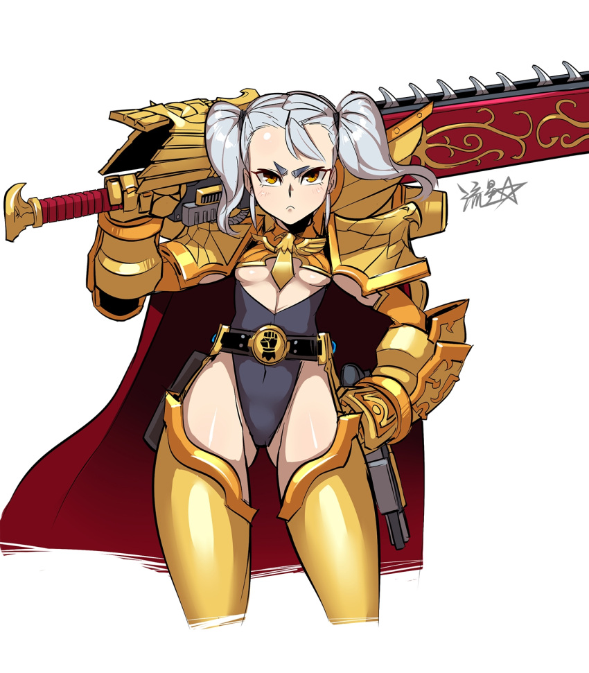 1girl armor belt belt_buckle bikini_armor breasts buckle cape chainsaw closed_mouth contrapposto furrowed_brow gauntlets genderswap genderswap_(mtf) gold_armor gold_trim gun hand_on_own_hip highres holding holding_weapon huge_weapon imperial_fists imperium_of_man over_shoulder pauldrons power_armor primarch rogal_dorn ryuusei_(mark_ii) short_eyebrows short_hair short_twintails shoulder_armor signature small_breasts solo standing storm's_teeth sword sword_over_shoulder thigh-highs twintails under_boob warhammer_40k weapon weapon_over_shoulder white_background white_hair yellow_eyes