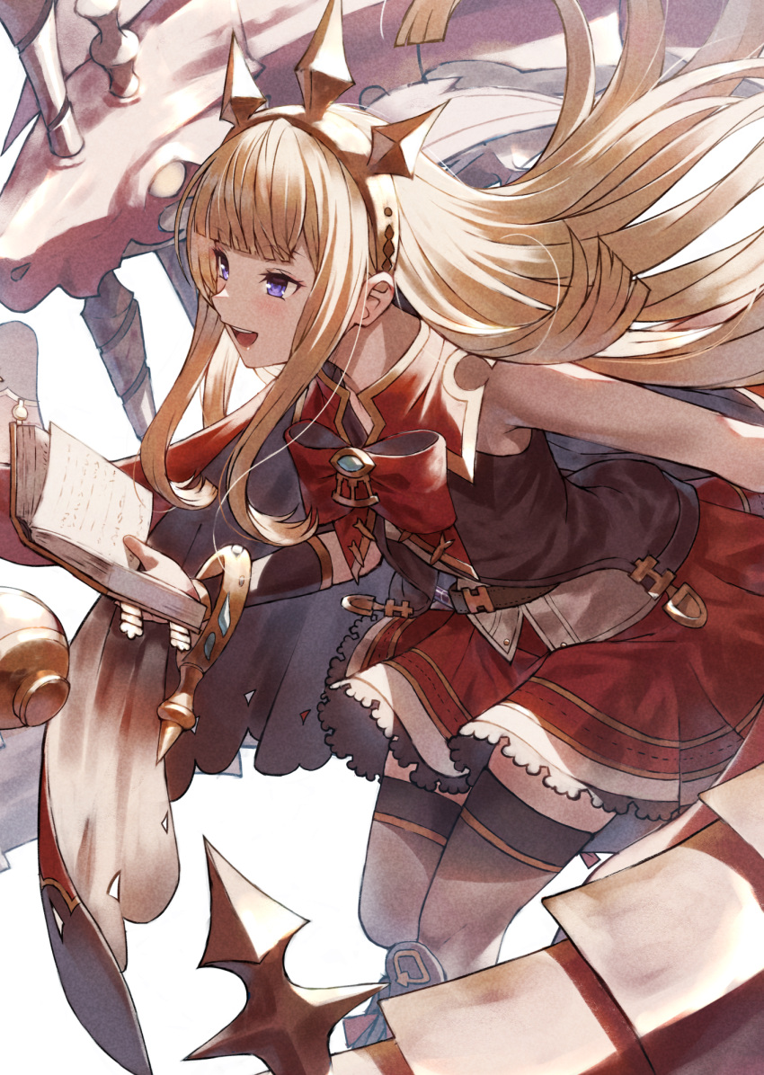 1girl black_thighhighs blonde_hair book bow cagliostro_(granblue_fantasy) dragon dress fagi_(kakikaki) granblue_fantasy highres holding holding_book long_hair midair monster open_book open_mouth red_bow red_dress sidelocks simple_background sleeveless smile solo teeth thigh-highs tongue upper_teeth_only violet_eyes white_background