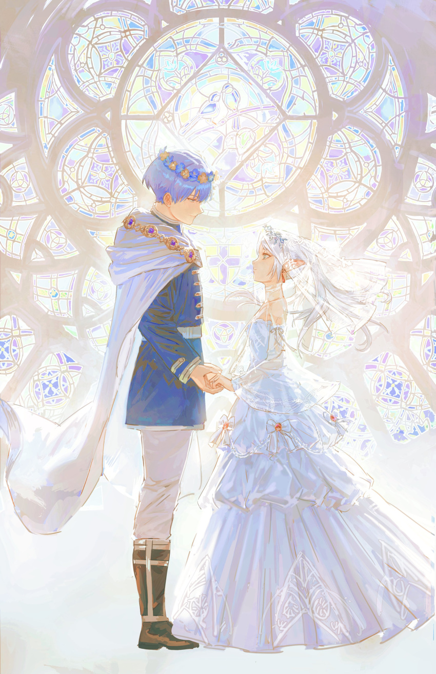 1boy 1girl absurdres black_footwear blue_eyes blue_hair boots bridal_veil cape cavehuuu church commentary_request dangle_earrings dress earrings elf frieren frilled_dress frills green_eyes head_wreath height_difference highres himmel_(sousou_no_frieren) holding_hands indoors jewelry knee_boots long_hair long_sleeves pants parted_bangs pointy_ears ponytail profile see-through see-through_sleeves sidelocks smile sousou_no_frieren stained_glass thick_eyebrows veil wedding wedding_dress white_cape white_dress white_hair white_pants wide_sleeves