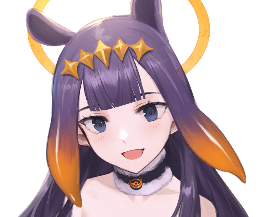 1girl black_collar blue_eyes blunt_bangs center-flap_bangs collar collarbone commentary fur-trimmed_collar fur_trim gradient_hair halo highres hololive hololive_english light_blush long_hair looking_at_viewer multicolored_hair ninomae_ina'nis open_mouth orange_hair portrait purple_hair sidelocks simple_background smile solo tentacle_hair two-tone_hair virtual_youtuber white_background yamiiv