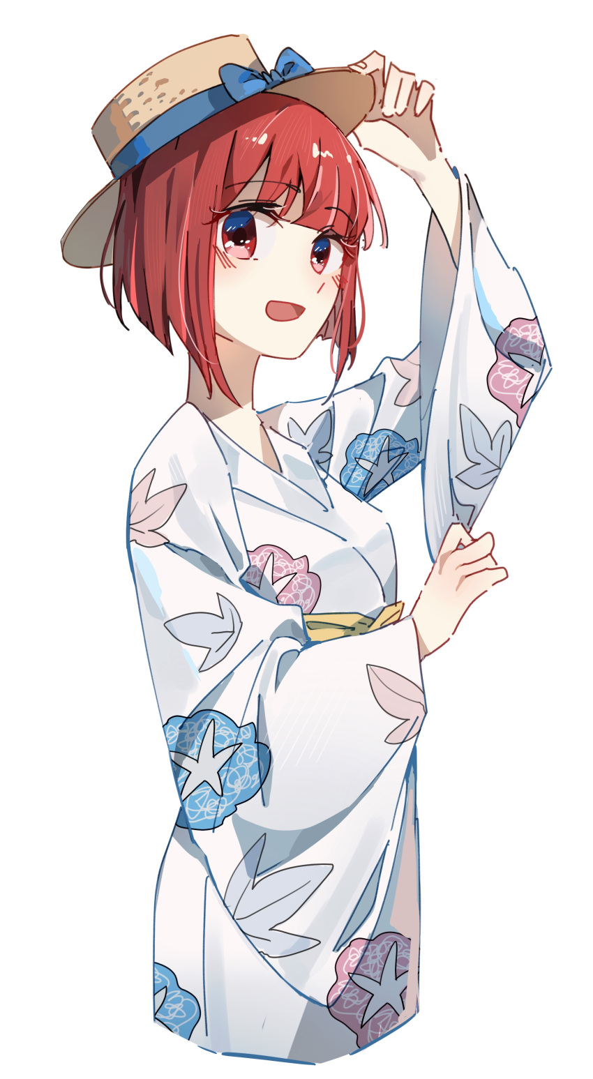 1girl absurdres adjusting_clothes adjusting_headwear arima_kana blue_bow blush bob_cut bow breasts commentary_request cropped_legs hat hat_bow highres inverted_bob japanese_clothes kimono leaf_print long_sleeves looking_at_viewer medium_hair obi open_mouth oshi_no_ko red_eyes redhead rxxxx_(bella61553257) sash simple_background small_breasts solo sun_hat white_background white_kimono wings yukata