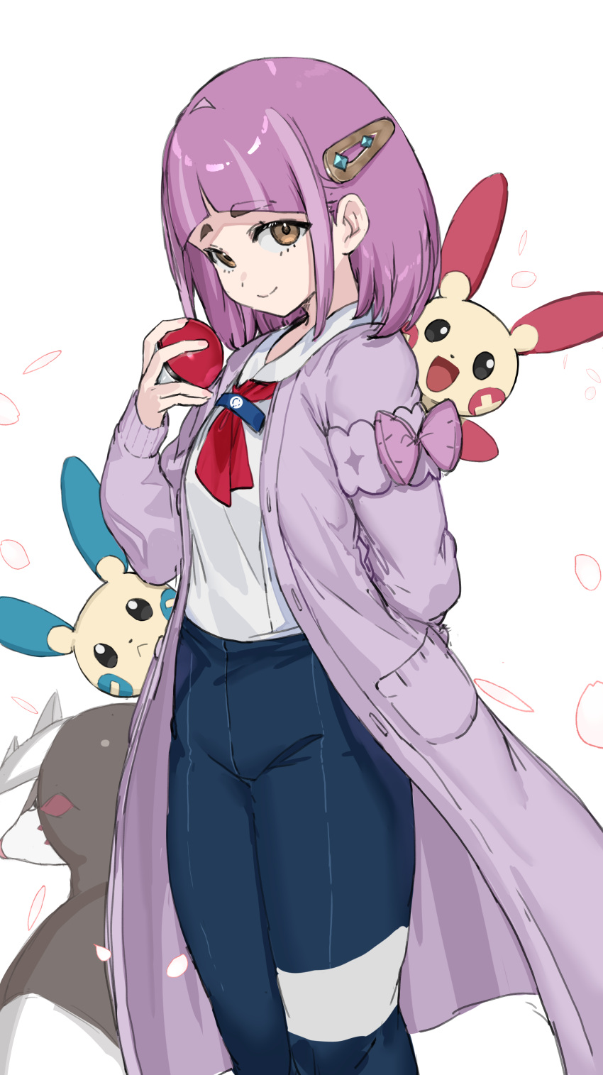 1girl :&lt; :d absurdres blue_pants brown_eyes closed_mouth collared_shirt excadrill hair_ornament hairclip hand_up highres holding holding_poke_ball jacket lacey_(pokemon) long_sleeves looking_at_viewer minun open_clothes open_jacket pants plusle poke_ball poke_ball_(basic) pokemon pokemon_(creature) pokemon_sv puffy_long_sleeves puffy_sleeves purple_hair purple_jacket ranf shirt simple_background sleeves_past_wrists smile thick_eyebrows white_background white_shirt