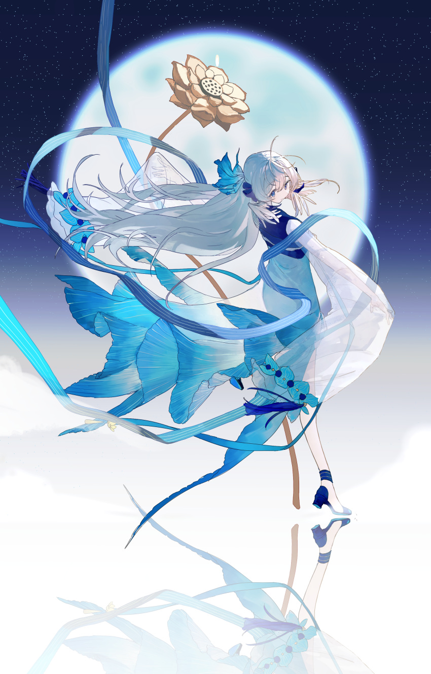 absurdres arknights blue_background blue_dress blue_eyes blue_ribbon chinese_commentary commentary_request dress feather_hair flower full_moon gradient_background grey_hair highres long_hair looking_at_viewer looking_back monv_ank moon mulberry_(arknights) mulberry_(reflection_that_of_the_moons)_(arknights) official_alternate_costume outstretched_arms reflection ribbon see-through see-through_sleeves sidelocks spread_arms very_long_sleeves white_background yellow_flower