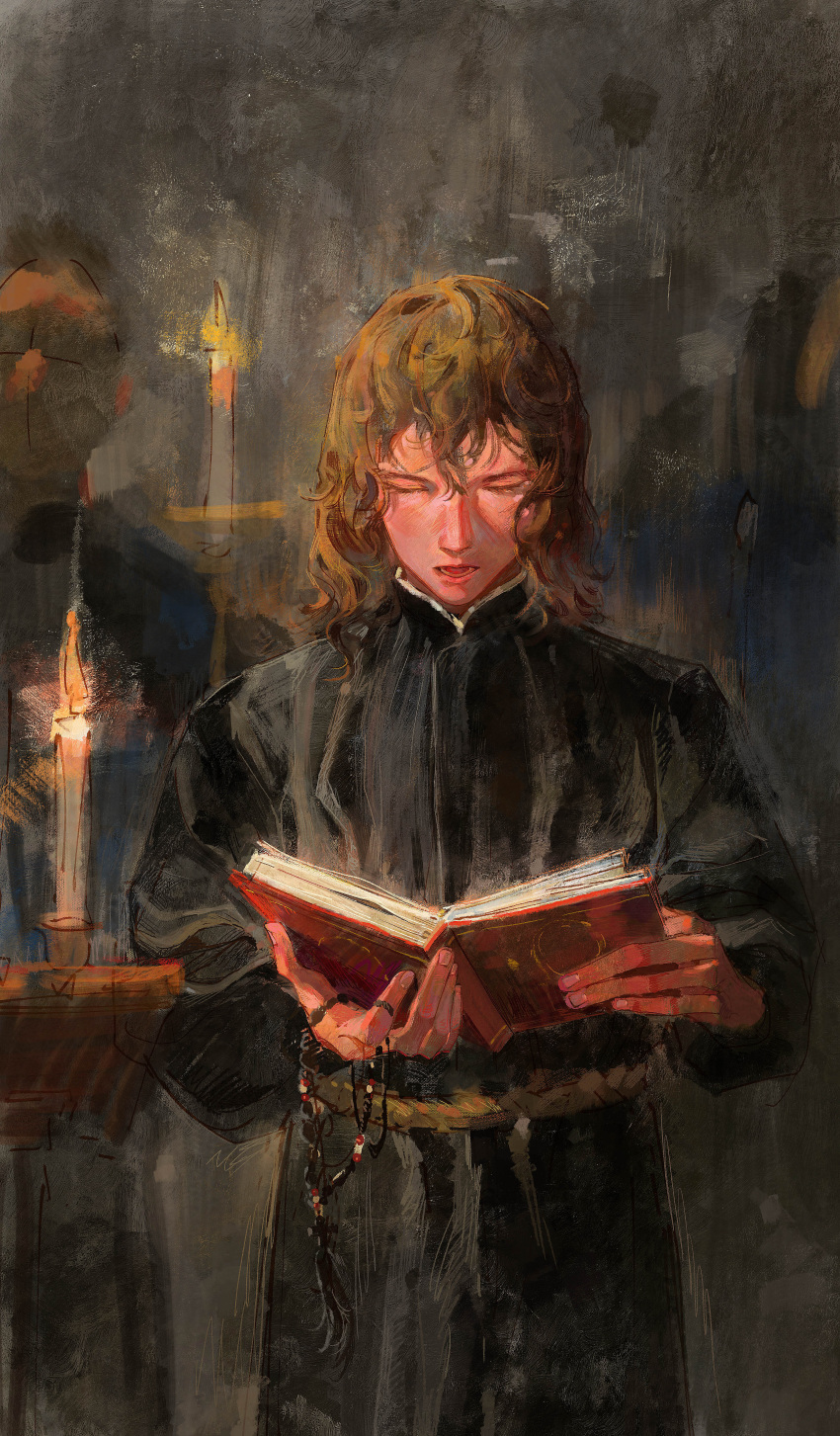 1boy absurdres alexei_karamazov black_robe book brown_hair candle closed_eyes cowboy_shot curly_hair dark_background faux_traditional_media high_collar highres holding holding_book long_hair male_focus monk open_mouth reading robe rosary standing sutekooooo the_karamazov_brothers