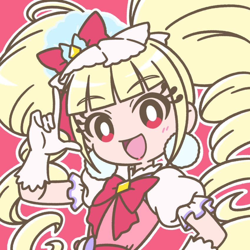 1girl aisaki_emiru blonde_hair blunt_bangs blush bow bright_pupils collar cure_macherie drill_hair earrings eyelashes frills gloves hair_bow hair_ornament hand_on_own_hip high_collar highres hugtto!_precure index_finger_raised jewelry long_hair looking_at_viewer magical_girl mayena open_mouth outline pom_pom_(clothes) pom_pom_earrings precure puffy_short_sleeves puffy_sleeves red_background red_eyes red_lips short_sleeves signature simple_background smile solo twintails upper_body white_gloves white_outline white_pupils