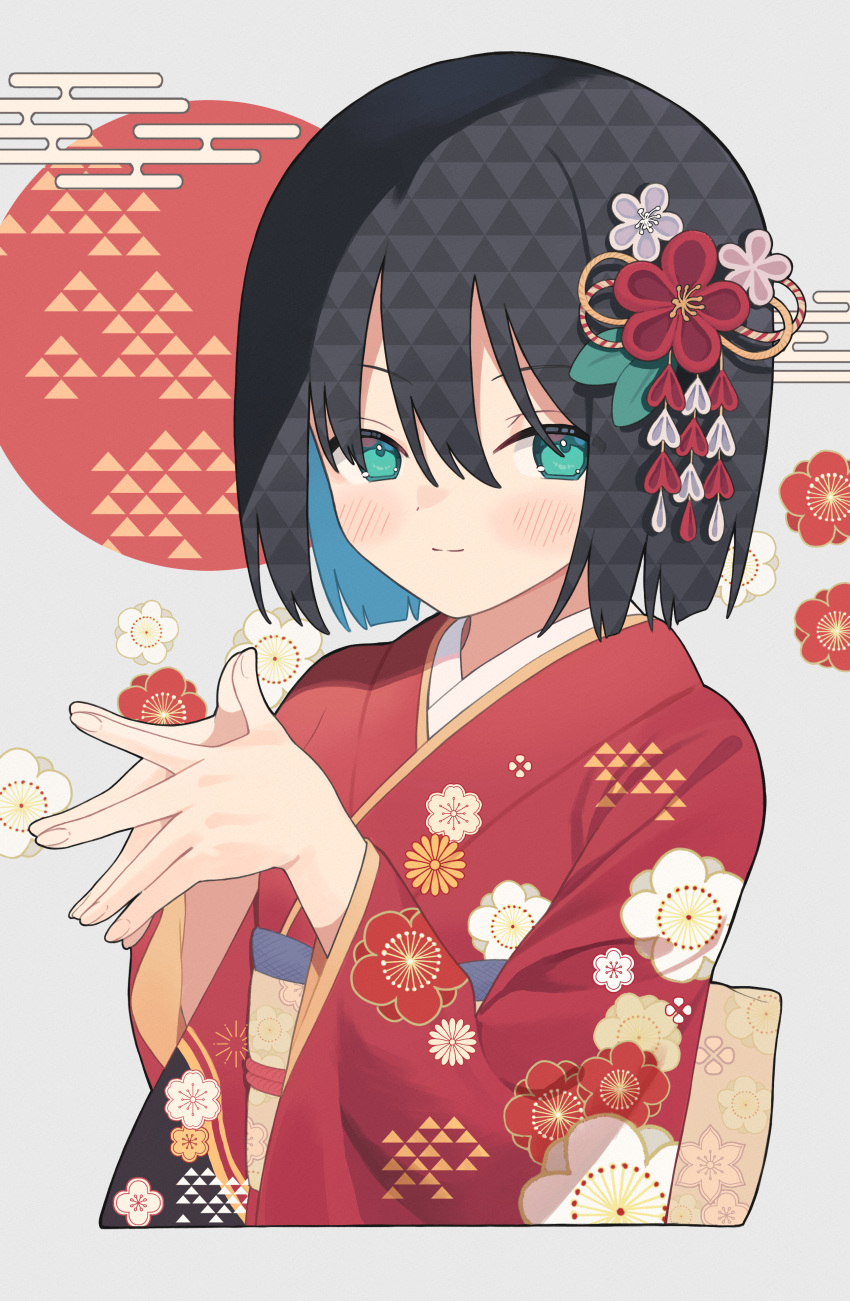 1girl 2024 absurdres black_hair blue_eyes blue_hair blush closed_mouth commentary_request egasumi floral_background floral_print flower grey_background hair_flower hair_ornament hands_up highres japanese_clothes kimono long_sleeves looking_at_viewer multicolored_hair nirareba obi original print_kimono red_flower red_kimono sash smile solo steepled_fingers two-tone_hair upper_body white_flower wide_sleeves