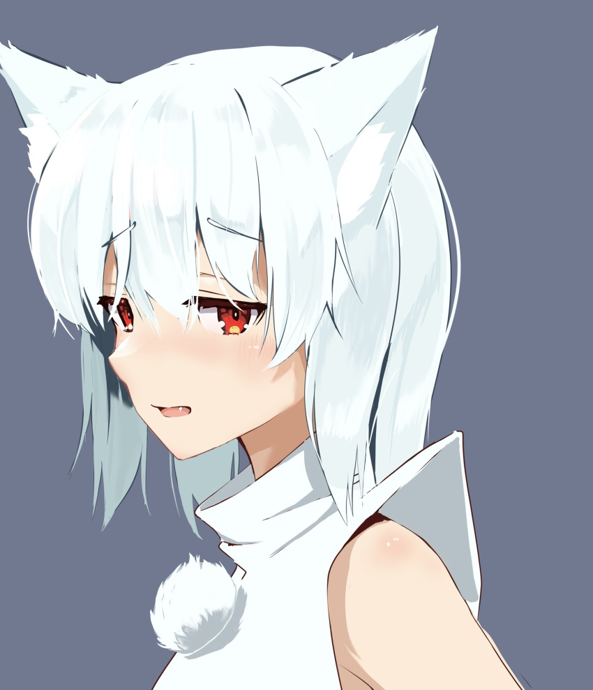 1girl animal_ears blush commentary_request grey_background highres inubashiri_momiji looking_at_viewer no_headwear open_mouth pom_pom_(clothes) red_eyes simple_background solo tobiuo_(fchain82) touhou upper_body wolf_ears