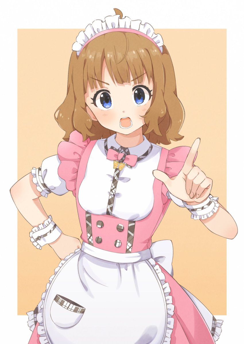 1girl ahoge apron blue_eyes blush border bow bowtie breasts brown_background brown_hair clenched_hand dot_nose dress frilled_apron frilled_dress frills hand_on_own_hip hand_up highres highwooods idolmaster idolmaster_million_live! idolmaster_million_live!_theater_days index_finger_raised looking_at_viewer open_mouth outside_border pink_bow pink_bowtie pink_dress pretty_waitress_(idolmaster) puffy_short_sleeves puffy_sleeves shirt short_hair short_sleeves simple_background small_breasts solo suou_momoko teeth upper_body v-shaped_eyebrows waist_apron wavy_hair white_apron white_border white_headdress white_shirt white_wrist_cuffs