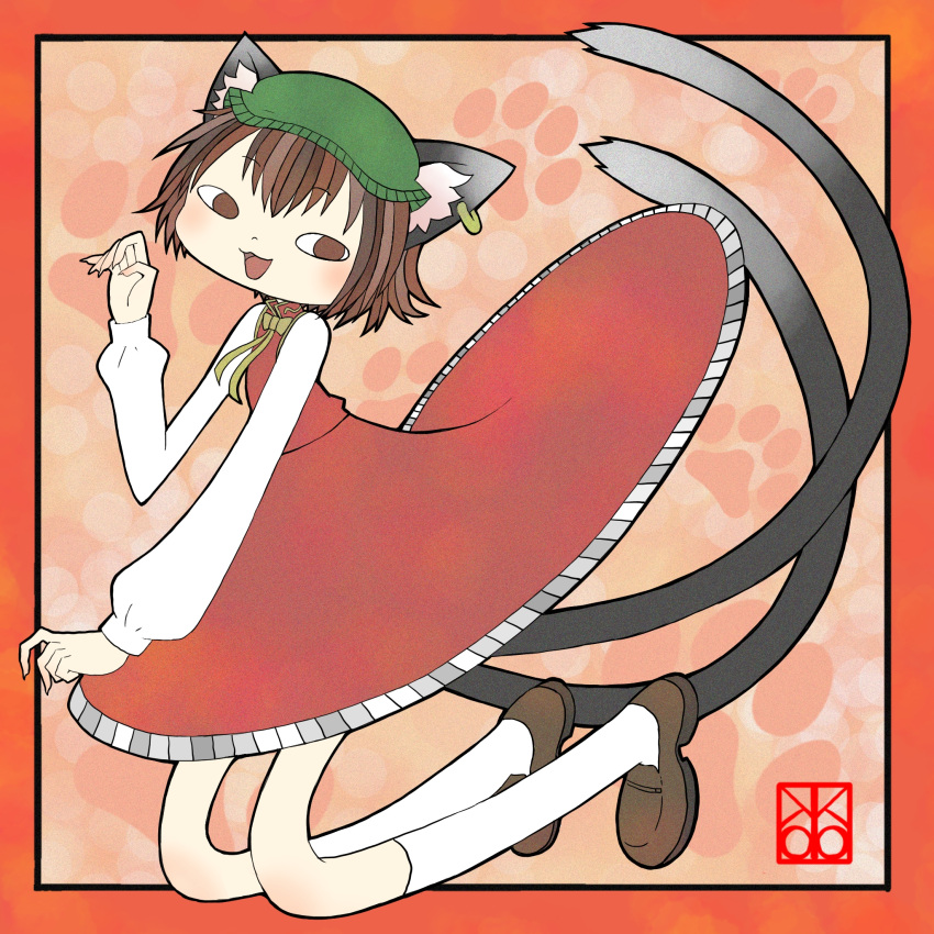1girl :3 :d animal_ear_fluff animal_ear_piercing animal_ears border bow bowtie brown_eyes brown_hair cat_ears cat_tail chen commentary_request earrings fingernails flat_chest full_body green_headwear hand_up hat highres jewelry kneehighs light_blush long_sleeves looking_at_viewer looking_to_the_side mob_cap multiple_tails nekomata noodle_legs open_mouth outside_border paw_print paw_print_background pink_background puffy_long_sleeves puffy_sleeves red_border red_skirt red_vest sharp_fingernails shishi_(kuroear99) short_hair simple_background single_earring skirt skirt_set smile socks solo tail touhou two_tails vest white_socks