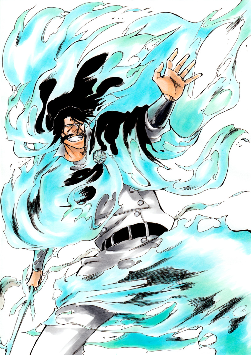 1boy bankai belt black_belt black_cape black_hair bleach bleach:_sennen_kessen-hen blue_fire cape commentary facial_hair feet_out_of_frame fire floating_hair grin hand_up highres holding holding_sword holding_weapon jacket ken'ichi_(ken1ro_u) long_hair looking_afar male_focus mustache official_style old old_man open_hand outstretched_arm pants simple_background smile solo sword wandenreich weapon white_background white_jacket white_pants yhwach zanka_no_tachi_(bankai)