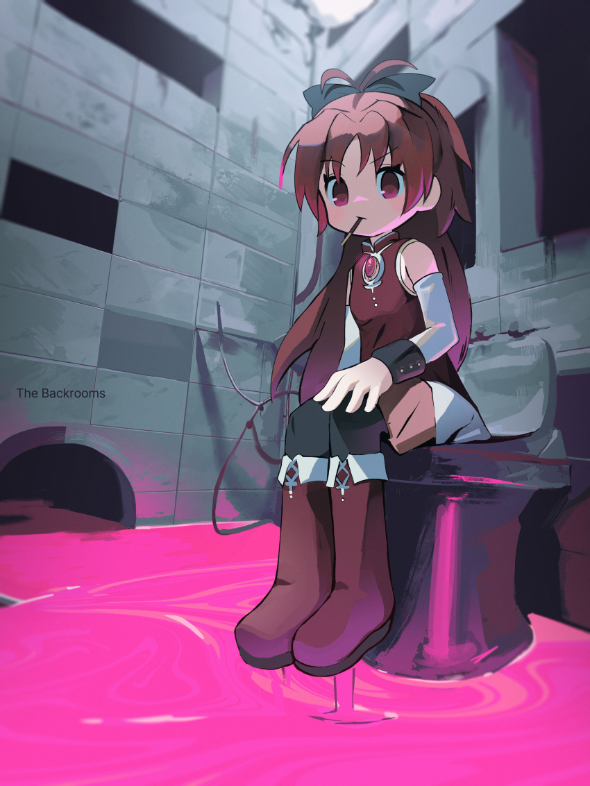 1girl :/ absurdres antenna_hair black_bow boots bow closed_mouth detached_sleeves fold-over_boots food food_in_mouth hair_bow highres long_hair long_sleeves looking_at_viewer magical_girl mahou_shoujo_madoka_magica mahou_shoujo_madoka_magica_(anime) morizo_(morizoshop) pink_eyes pink_gemstone pocky pocky_in_mouth raised_eyebrow red_footwear redhead sakura_kyoko sitting sleeveless solo soul_gem white_sleeves