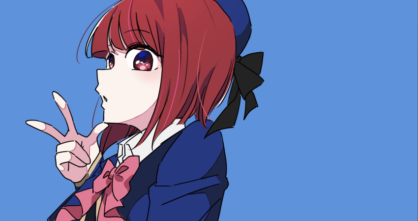 1girl arima_kana beret black_bow blue_background blue_headwear blue_jacket bob_cut bow bowtie chinese_commentary collared_shirt commentary_request dress_shirt hand_up hat hat_bow highres idol_(yoasobi) inverted_bob jacket long_sleeves no_pupils open_mouth oshi_no_ko pink_bow pink_bowtie red_eyes redhead school_uniform shirt shuoruoranxing simple_background sleeves_past_wrists solo w white_shirt yoasobi youtou_high_school_uniform