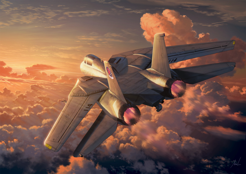 afterburner aircraft airplane canopy_(aircraft) clouds evening f-14_tomcat fighter_jet highres isaf jet mac_naut military_vehicle scenery sky top_gun twilight