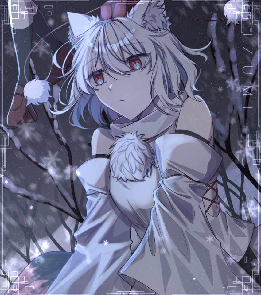 1girl absurdres animal_ear_fluff bare_shoulders closed_mouth commentary detached_sleeves hair_between_eyes hat highres inubashiri_momiji izumi_481 outdoors pom_pom_(clothes) red_eyes red_headwear shirt short_hair snow snowflakes snowing solo tokin_hat touhou upper_body white_hair white_shirt