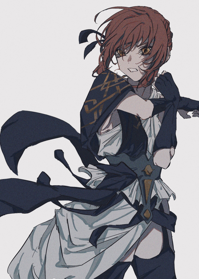 1girl ancient_greek_clothes black_gloves black_ribbon black_thighhighs clenched_teeth cowboy_shot fate/strange_fake fate_(series) fingerless_gloves garter_straps gloves greco-roman_clothes hair_ribbon highres hippolyta_(fate) looking_at_viewer orange_eyes redhead ribbon sash sidelocks simple_background solo sosotemuyo stola stretching teeth thigh-highs white_background