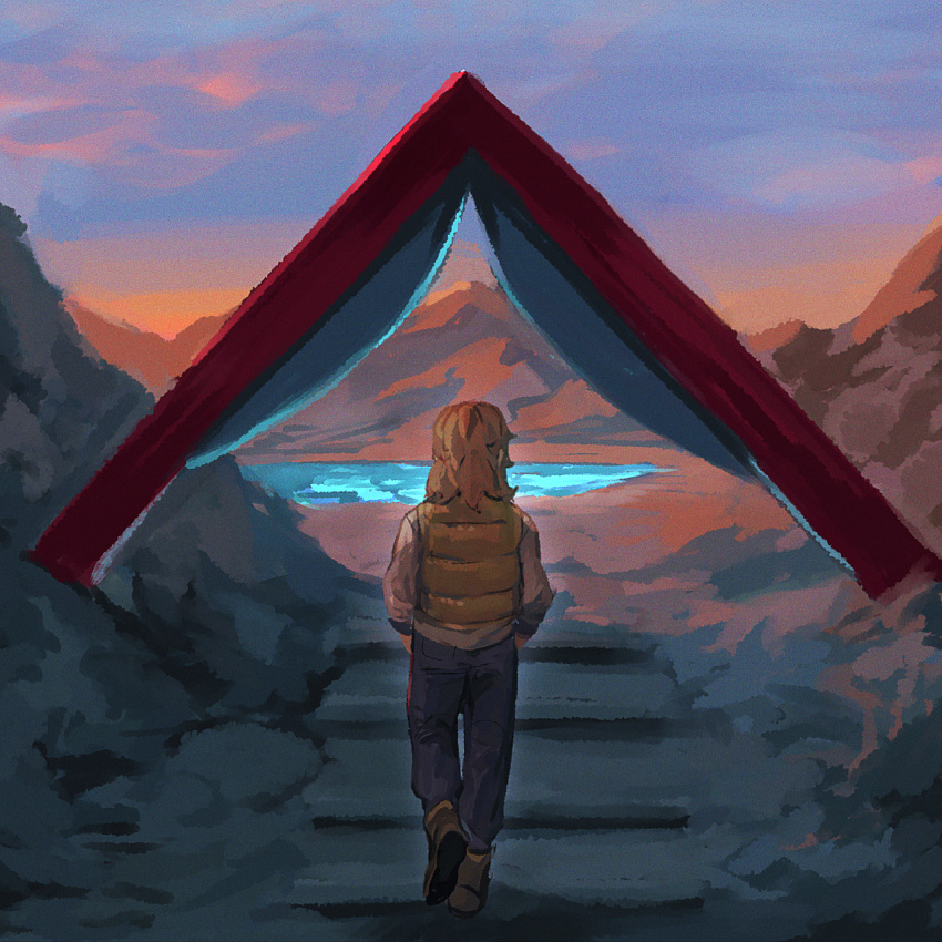 1boy arven_(pokemon) blonde_hair boots clouds commentary from_behind go-lurk highres male_focus medium_hair mountainous_horizon outdoors pants pokemon pokemon_sv shirt sky solo stairs standing twilight vest walking white_shirt yellow_vest