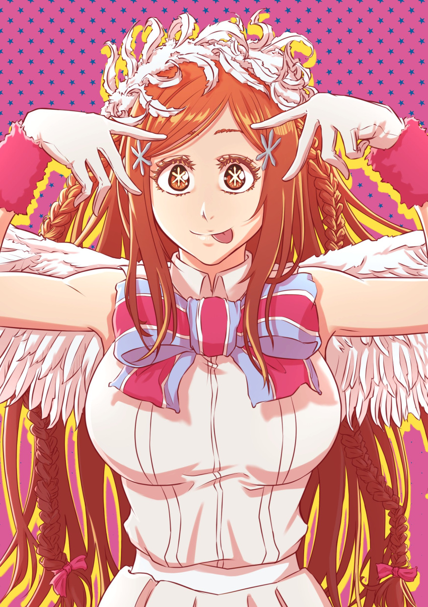 1girl :p absurdres arms_up bleach bow braid closed_mouth collared_shirt colored_eyelashes commentary drop_shadow english_commentary eyebrows_hidden_by_hair eyelashes hair_bow hair_ornament highres hoshino_ai's_pose inoue_orihime long_hair looking_at_viewer oshi_no_ko parted_bangs pink_background pink_bow shirt sidelocks simple_background sleeveless sleeveless_shirt smile solo sonzhondaya star-shaped_pupils star_(symbol) star_hair_ornament starry_background symbol-shaped_pupils tongue tongue_out twin_braids upper_body very_long_hair white_hair white_shirt wide-eyed
