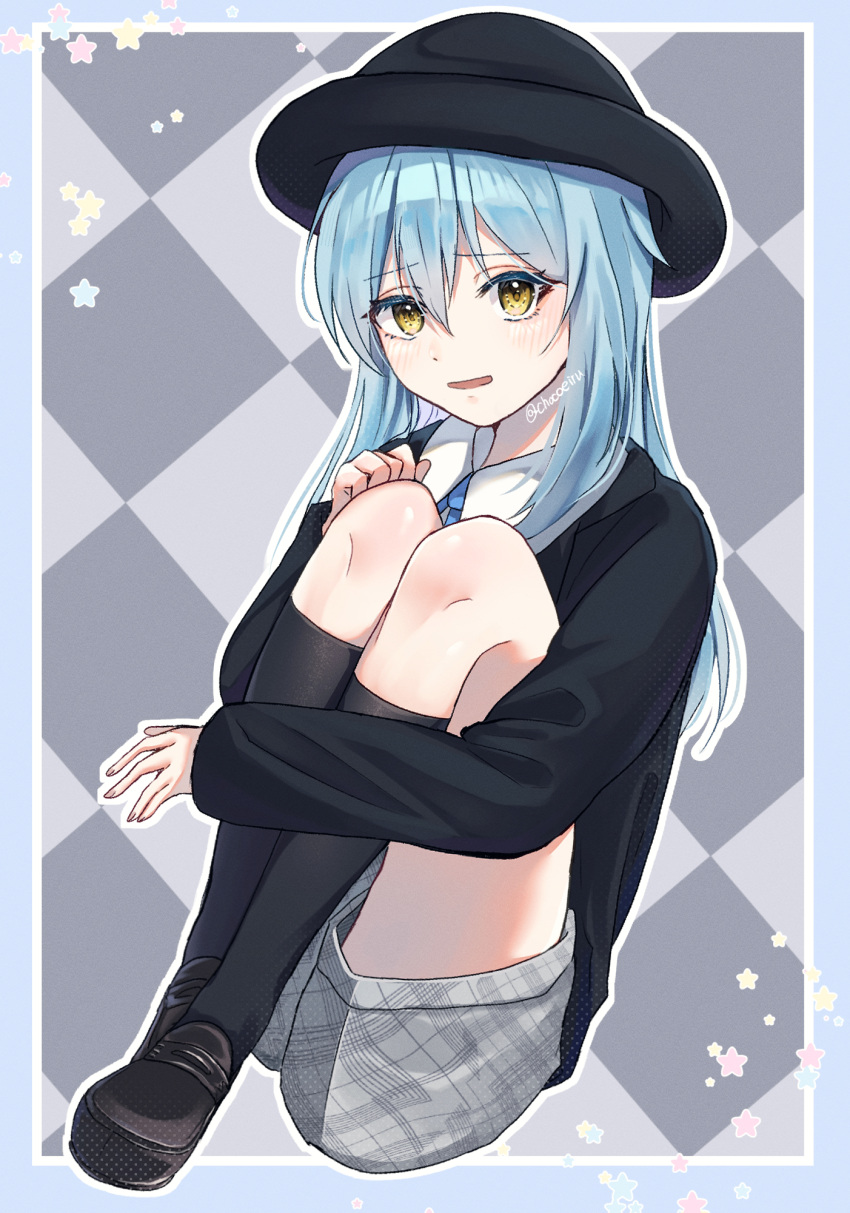 1other alternate_costume androgynous black_footwear black_headwear black_socks black_sweater blue_hair blue_ribbon blush chocoeiru grey_shorts hair_between_eyes hat highres long_hair long_sleeves neck_ribbon open_mouth ribbon rimuru_tempest short_shorts shorts socks straight_hair sweater tensei_shitara_slime_datta_ken twitter_username wing_collar yellow_eyes