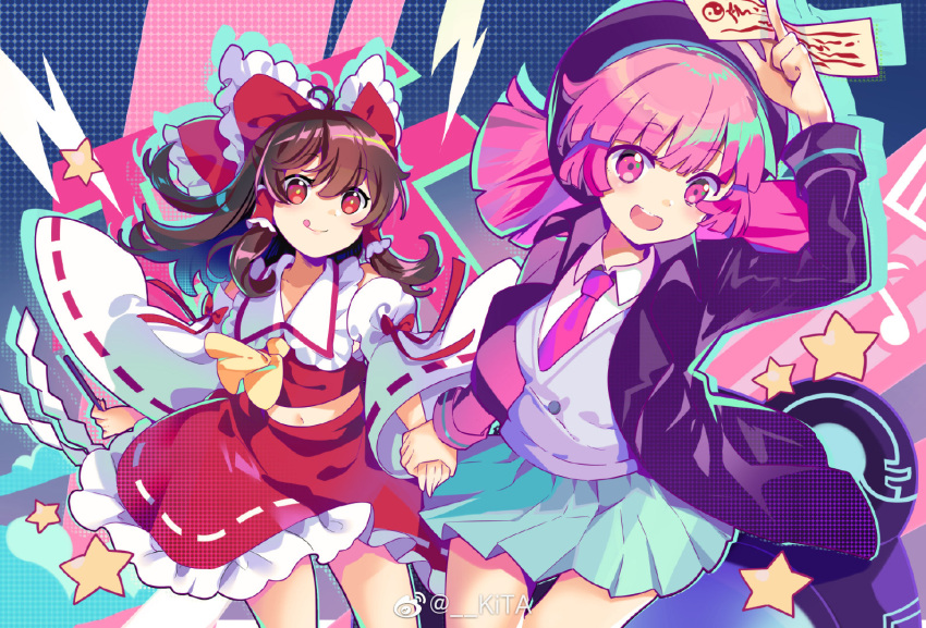 2girls :d ahoge arm_above_head ascot bare_shoulders beret between_fingers blue_skirt blue_sky blunt_bangs blunt_ends bow brown_eyes brown_hair buro_(muse_dash) chinese_commentary closed_mouth coattails collar collarbone collared_jacket collared_shirt collared_vest colorful commentary_request cowboy_shot crossover detached_sleeves frilled_bow frilled_collar frilled_hair_tubes frilled_skirt frills gohei grey_vest hair_bow hair_tubes hakurei_reimu hat holding holding_gohei holding_hands holding_ofuda jacket kita_(kitairoha) light_blush lightning long_hair long_sleeves midriff miniskirt multiple_girls muse_dash navel necktie ofuda open_clothes open_jacket open_mouth pink_eyes pink_hair pink_necktie pleated_skirt ponytail purple_headwear purple_jacket red_bow red_skirt red_vest ribbon-trimmed_skirt ribbon-trimmed_sleeves ribbon_trim shirt short_twintails skirt skirt_set sky sleeve_bow smile star_(symbol) sweater_vest teeth tongue tongue_out touhou twintails upper_teeth_only v-neck vest weibo_logo weibo_username white_collar white_shirt white_sleeves wide_sleeves yellow_ascot