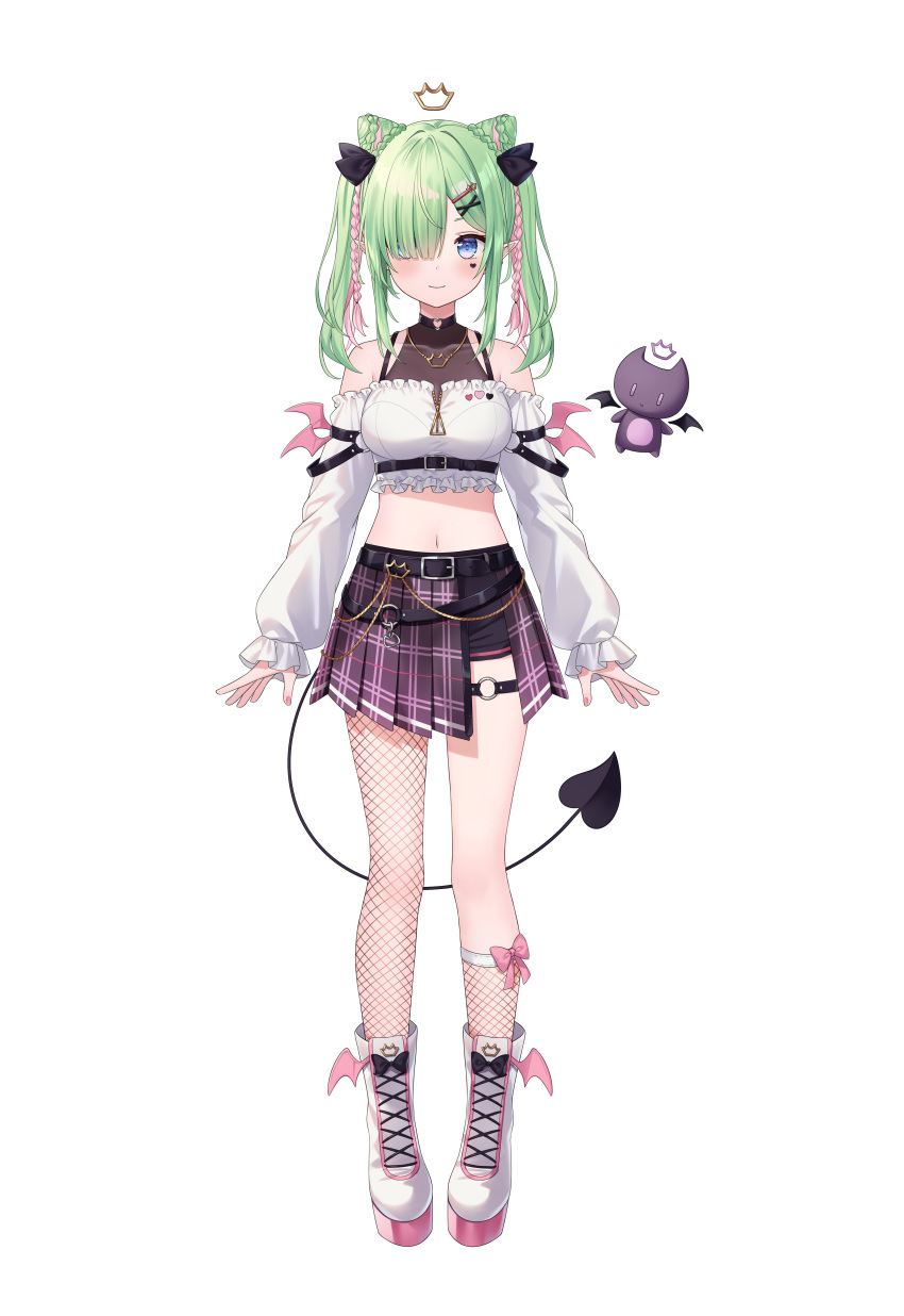1girl absurdres airi_viridis artist_request asymmetrical_legwear bare_shoulders belt black_belt black_shorts blue_eyes blush bow braid breasts choker closed_mouth creature crown demon demon_tail demon_wings double_bun fishnets frilled_sleeves frills full_body green_hair hair_bun hair_over_one_eye heart heart_choker heart_tattoo highres jewelry looking_at_viewer medium_breasts midriff navel necklace pink_bow pink_hair plaid plaid_skirt pleated_skirt pointy_ears purple_skirt shorts skirt sleeves_past_wrists smile tail tattoo twin_braids twintails v-dere white_footwear wings