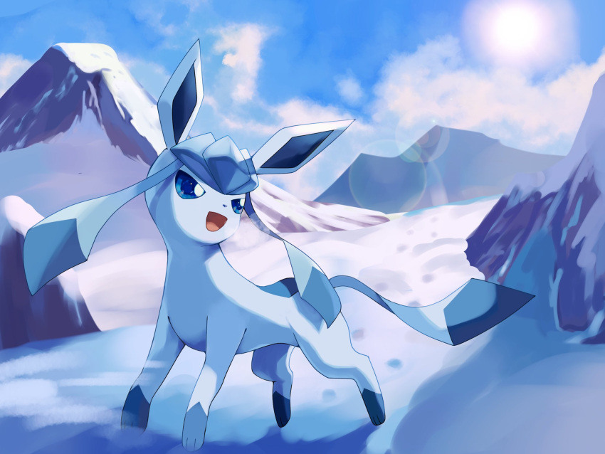animal_focus artist_name blue_eyes blue_skin blue_sky bright_pupils clouds colored_skin commentary_request glaceon highres no_humans outdoors pokemon pokemon_(creature) prehensile_ribbon rongai28 sky snow sun tail twitter_username