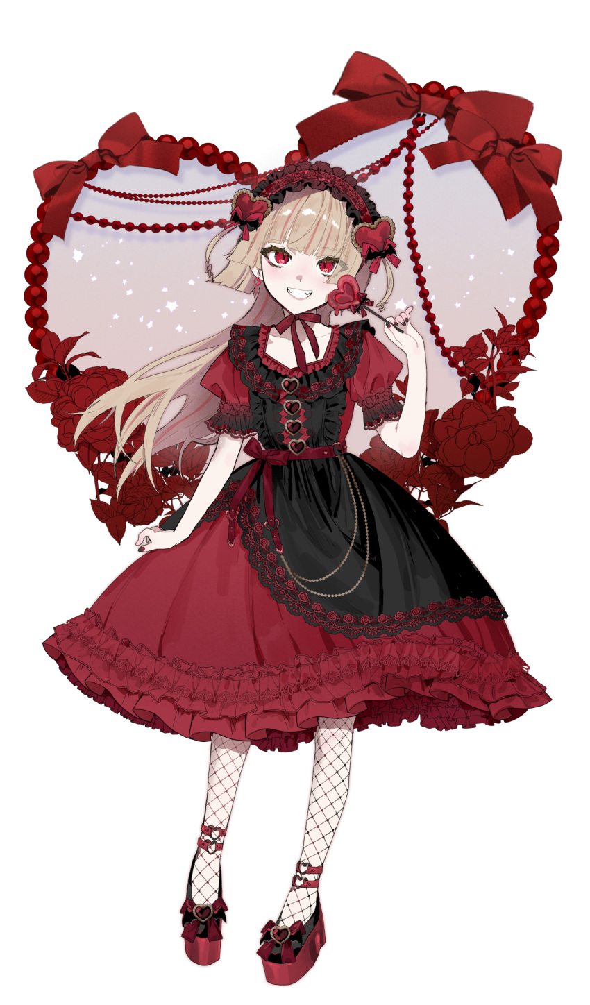 1girl ankle_strap bat_hair_ornament black_nails blonde_hair blunt_bangs bow candy dress earrings fishnets floating_hair food footwear_bow frilled_dress frilled_hairband frilled_sleeves frills full_body grin hair_bow hair_ornament hairband heart heart_earrings heart_hair_ornament heart_in_eye heart_lollipop highres holding holding_candy holding_food holding_lollipop jewelry layered_dress lollipop looking_at_viewer multicolored_hair multicolored_nails nail_polish nikubou_maranoshin original platform_footwear red_bow red_dress red_eyes red_hairband red_nails red_ribbon ribbon shaped_lollipop short_sleeves smile solo streaked_hair symbol_in_eye white_background