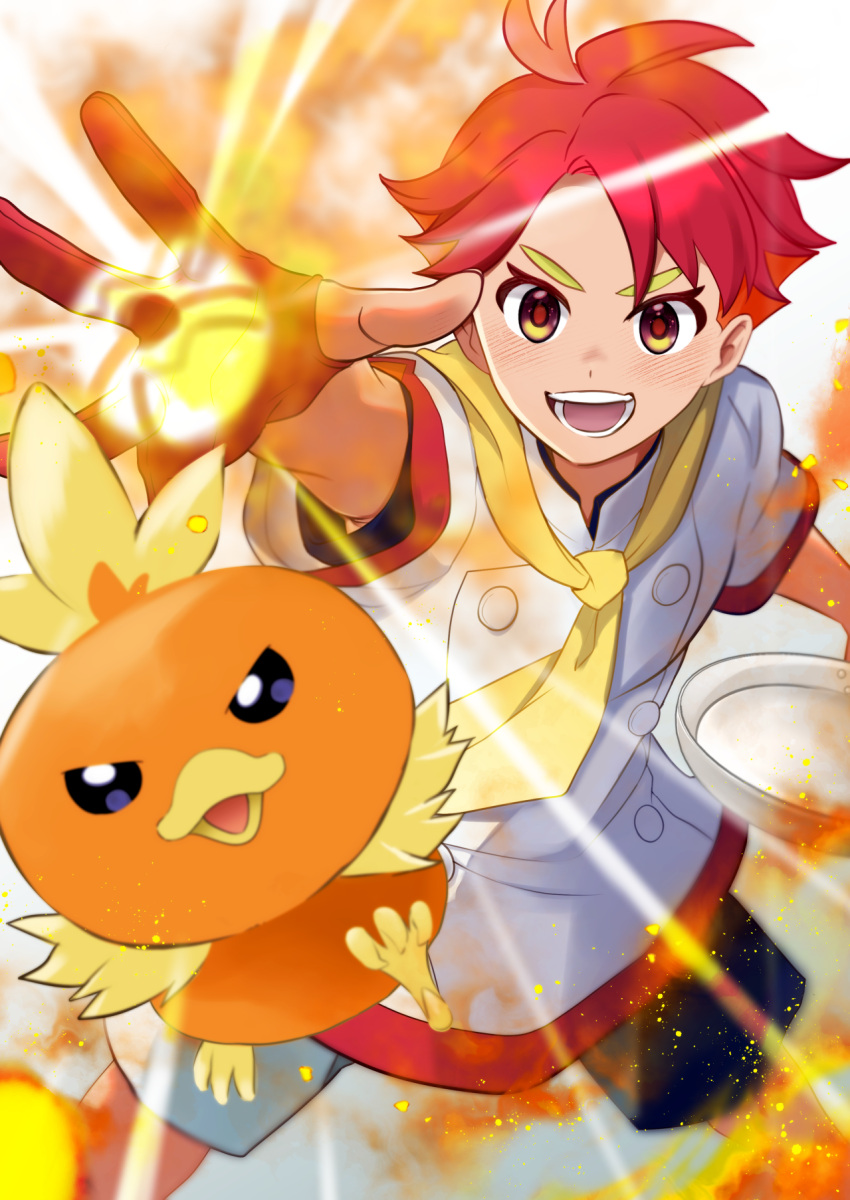1boy :d blurry blush brown_eyes buttons crispin_(pokemon) fire frying_pan gloves happy highres jacket male_focus minoryu-chan neckerchief open_mouth partially_fingerless_gloves pokemon pokemon_sv red_gloves red_pupils redhead short_hair short_sleeves shorts smile teeth tongue torchic white_background white_jacket yellow_neckerchief