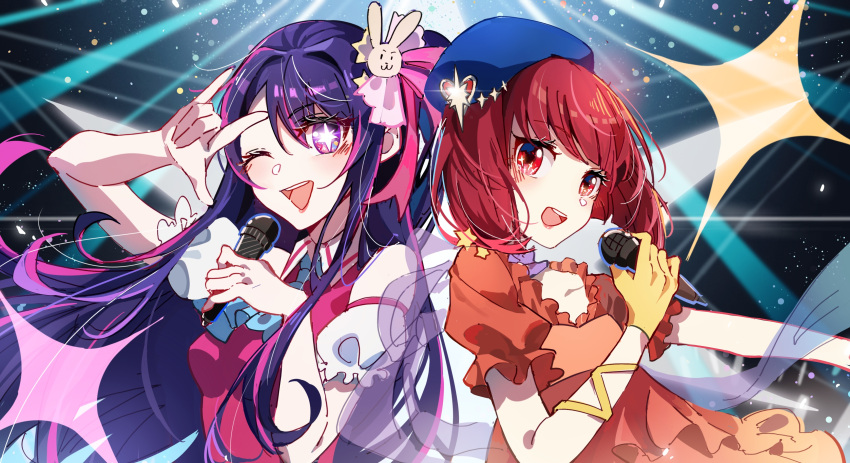 2girls ;d \n/ absurdres arima_kana ascot beret blue_ascot blue_headwear blush bob_cut chinese_commentary commentary_request detached_sleeves dress frilled_dress frilled_sleeves frills gloves hair_between_eyes hair_ornament hair_ribbon hand_up hat highres holding holding_microphone hoshino_ai_(oshi_no_ko) idol idol_clothes inverted_bob light_particles long_hair looking_at_viewer medium_hair microphone multicolored_hair multiple_girls one_eye_closed one_side_up open_mouth orange_dress oshi_no_ko pink_dress pink_hair pink_ribbon puffy_short_sleeves puffy_sleeves purple_hair rabbit_hair_ornament red_eyes redhead ribbon short_sleeves shuoruoranxing sleeveless sleeveless_dress smile sparkle stage_lights star-shaped_pupils star_(symbol) star_hair_ornament streaked_hair symbol-shaped_pupils teeth upper_body upper_teeth_only violet_eyes yellow_gloves