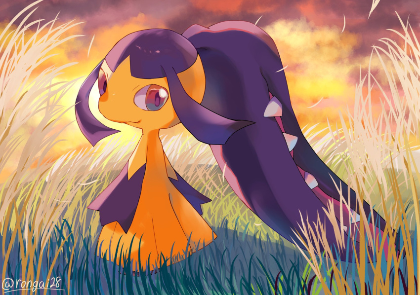 artist_name closed_mouth clouds colored_skin commentary_request grass highres looking_back mawile on_grass orange_sky pokemon pokemon_(creature) red_eyes rongai28 sharp_teeth sky smile standing teeth twitter_username wheat yellow_skin