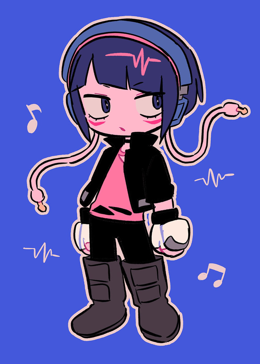 1girl arms_at_sides black_footwear black_pants blue_background boku_no_hero_academia eyelashes fingerless_gloves full_body gloves headphones highres jirou_kyouka long_earlobes looking_to_the_side menma_(enaic31) musical_note outline pants pink_shirt purple_hair shirt simple_background solo standing violet_eyes white_outline