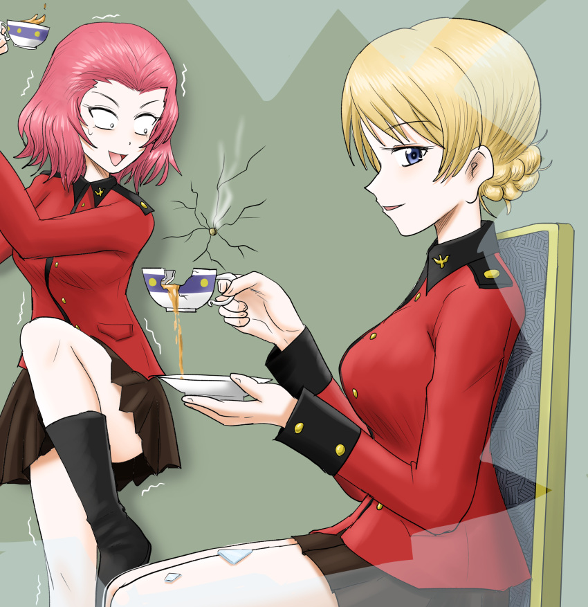 2girls black_footwear black_skirt blonde_hair blue_eyes boots braid broken_cup bullet_hole chair commentary constricted_pupils cup darjeeling_(girls_und_panzer) girls_und_panzer harukai-i highres holding holding_cup holding_saucer jacket leg_up long_sleeves looking_at_viewer medium_hair military_uniform miniskirt multiple_girls on_chair open_mouth pleated_skirt red_jacket redhead rosehip_(girls_und_panzer) saucer sitting skirt smile spilling st._gloriana's_military_uniform standing standing_on_one_leg sweatdrop teacup trembling uniform