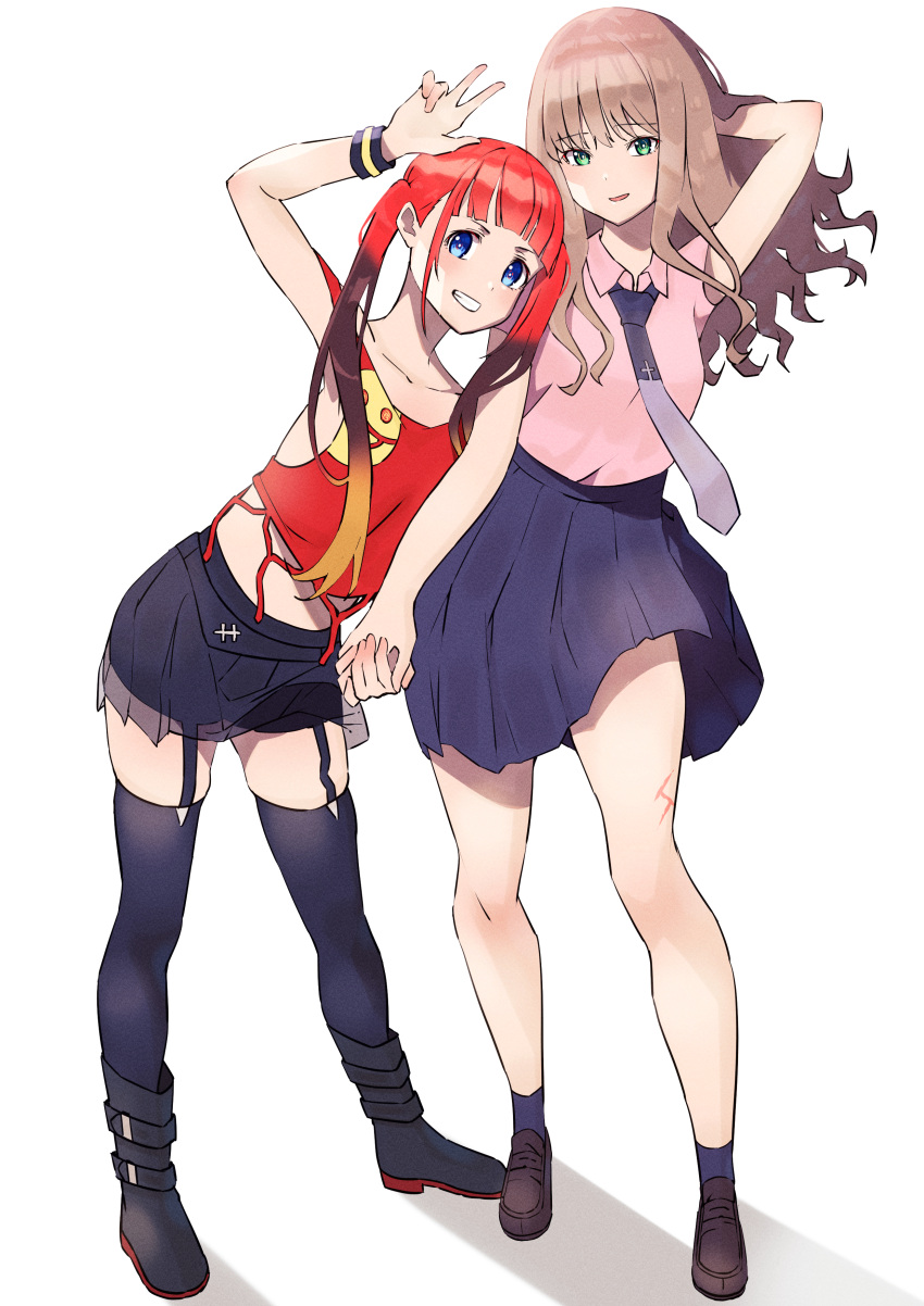 2girls absurdres arm_behind_head arm_up asukagawa_chise bare_legs black_footwear black_hair black_skirt blue_eyes blue_skirt blue_socks boots bracelet camisole collared_shirt cruzango0510 curly_hair garter_straps gradient_hair green_eyes gridman_universe gridman_universe_(film) grin hand_in_own_hair highres holding_hands jewelry leaning_on_person leaning_to_the_side legs light_brown_hair loafers long_hair looking_at_viewer minami_yume multicolored_hair multiple_girls necktie orange_hair parted_lips pink_shirt pleated_skirt purple_necktie red_camisole redhead shadow shirt shirt_tucked_in shoes short_sleeves sidelocks simple_background single_sidelock skirt smile socks standing thigh-highs twintails v white_background