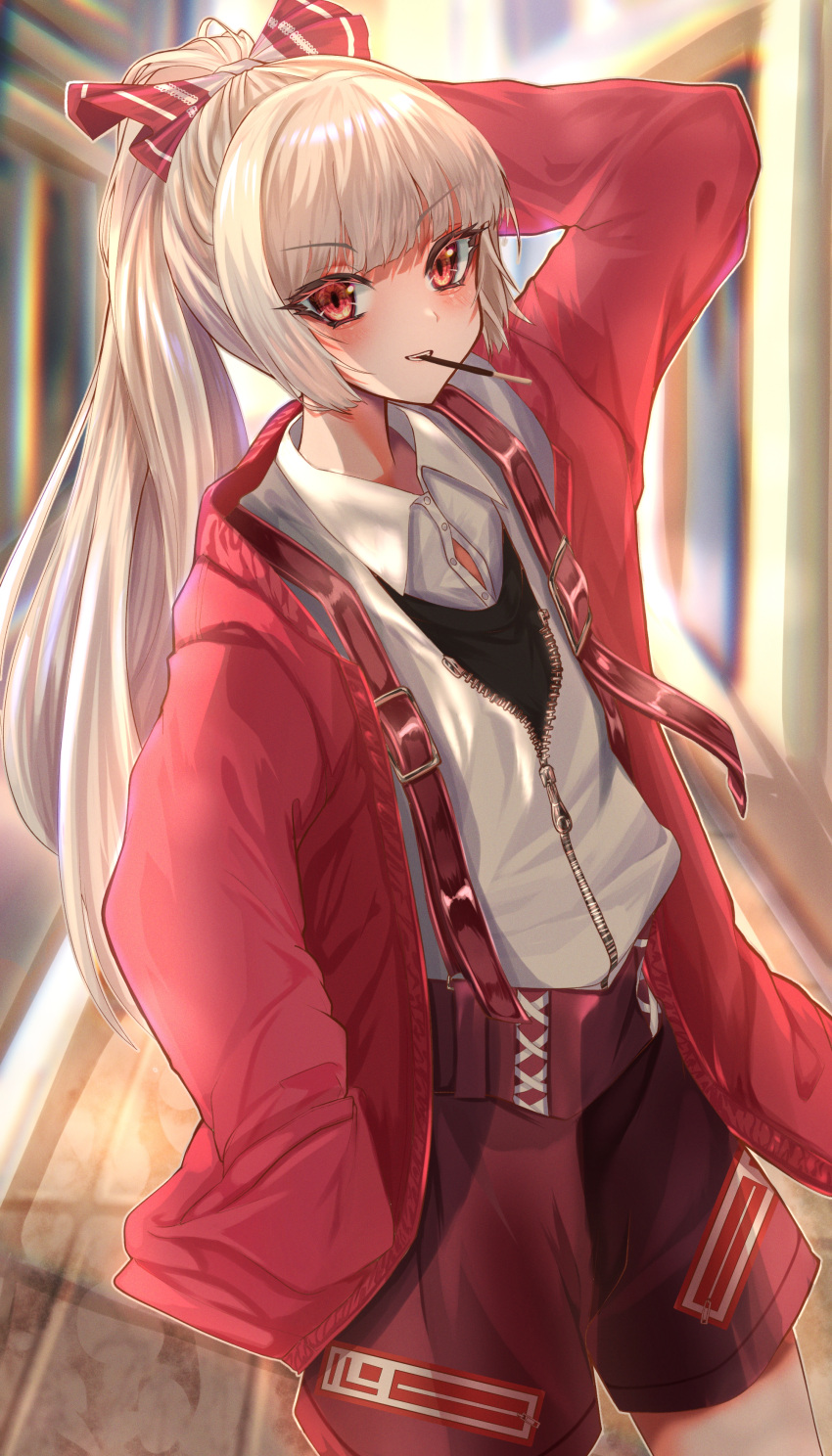 1girl absurdres alternate_costume arm_behind_head blush bow casual commentary contemporary eyelashes food food_in_mouth fujiwara_no_mokou hair_bow highres jacket long_hair looking_at_viewer nyarocks pocky pocky_in_mouth ponytail red_eyes red_jacket red_shorts red_suspenders shirt shorts solo touhou very_long_hair white_hair white_shirt