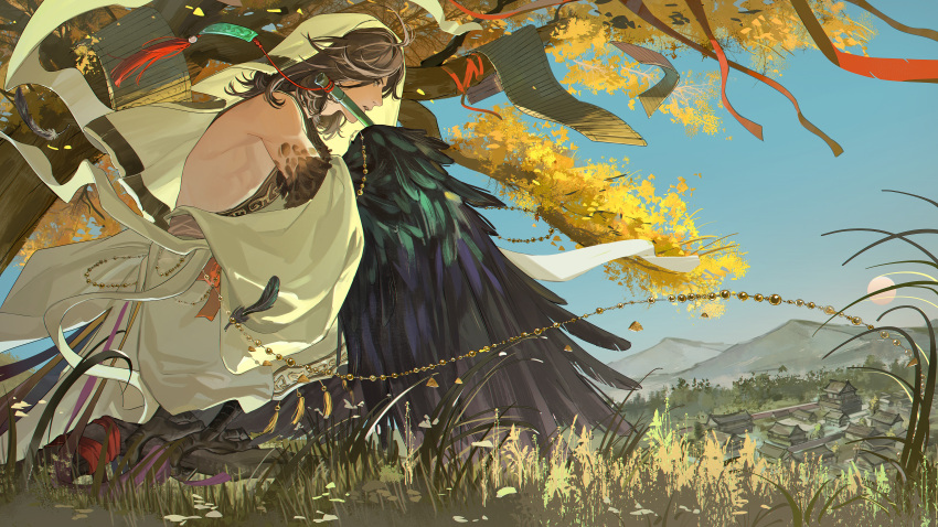 1boy absurdres architecture bamboo_scroll bare_shoulders bird_legs bird_wings blue_sky brown_hair day east_asian_architecture feathered_wings from_side full_body full_moon getian_(reverse:1999) grass harpy_boy highres holding holding_flute holding_instrument hood hood_up instrument jade_(gemstone) male_focus medium_hair monster_boy moon mountain outdoors profile red_ribbon reverse:1999 ribbon robe royan sky solo squatting tassel town tree white_hood white_robe winged_arms wings yellow_leaves