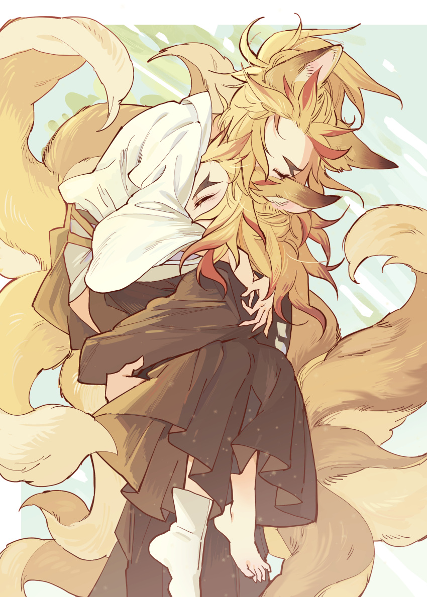 2boys absurdres animal_ears barefoot black_hakama blonde_hair carrying carrying_person closed_eyes colored_tips commentary_request forked_eyebrows fox_boy fox_ears fox_tail hakama highres hug japanese_clothes kemonomimi_mode kimetsu_no_yaiba kimono large_tail long_hair long_sleeves male_focus meremero multicolored_hair multiple_boys multiple_tails redhead rengoku_kyoujurou rengoku_senjurou socks standing tail translation_request white_socks wide_sleeves