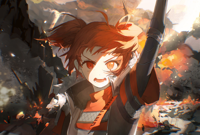 1girl angry arknights arm_up beagle_(arknights) beagle_(dreadnaught)_(arknights) black_jacket chinese_commentary commentary_request fire grey_shirt highres jacket looking_at_viewer mixed-language_commentary monv_ank official_alternate_costume open_mouth orange_eyes orange_hair orange_shirt outdoors shirt shouting smoke solo teeth twintails upper_body wasteland