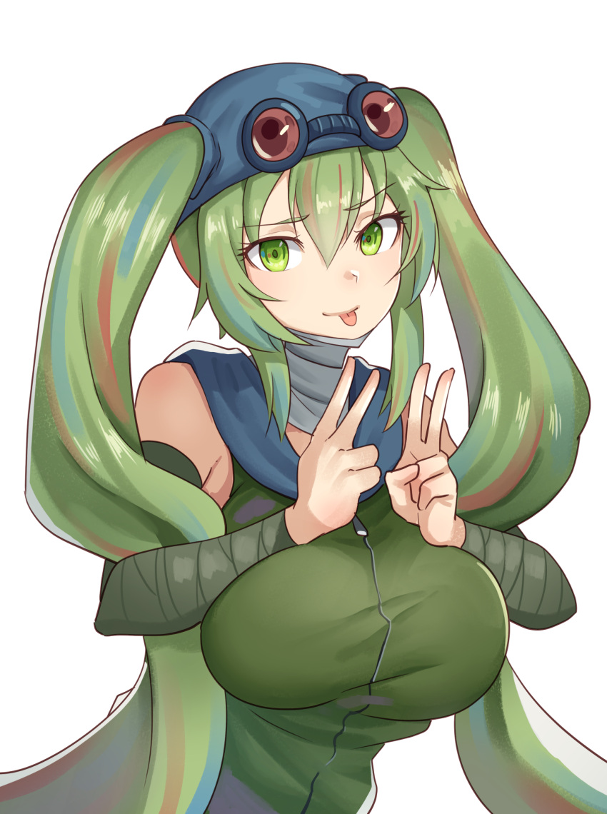 :p ajidot arm_wrap bandaged_neck bandages blue_hair blue_headwear breasts closed_mouth commentary crossover double_v english_commentary goggles goggles_on_head green_eyes green_hair green_vest hair_between_eyes hair_through_headwear hank_miku hatsune_miku highres large_breasts light_blush long_hair looking_at_viewer madness_combat multicolored_hair original red-tinted_eyewear redhead simple_background smile solo streaked_hair tinted_eyewear tongue tongue_out twintails upper_body v very_long_hair vest vocaloid white_background zipper_pull_tab