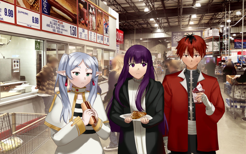 1boy 2girls bandaged_hand bandages black_robe blunt_bangs cape commentary costco crowd dangle_earrings dress earrings elf english_commentary expressionless fern_(sousou_no_frieren) food frieren frown gold_trim green_eyes hands_up highres holding holding_food hot_dog indoors jacket jewelry koumorinahi looking_down multiple_girls parted_bangs photo_background pizza pizza_slice pointy_ears purple_hair red_eyes red_jacket redhead robe shirt shop short_hair sousou_no_frieren stark_(sousou_no_frieren) striped striped_shirt thick_eyebrows twintails upper_body violet_eyes white_cape white_dress white_hair